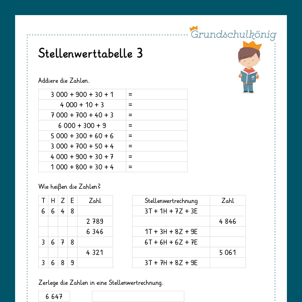 Königspaket: Stellenwerttabelle und Zahlenstrahl im Zahlenraum 10 000 (Mathe, 4. Klasse)