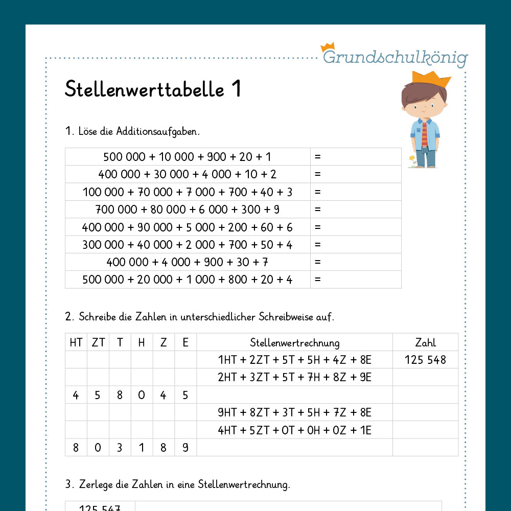 Königspaket: Stellenwerttabelle und Zahlenstrahl im Zahlenraum 1 000 000 (Mathe, 4. Klasse) - inklusive Test