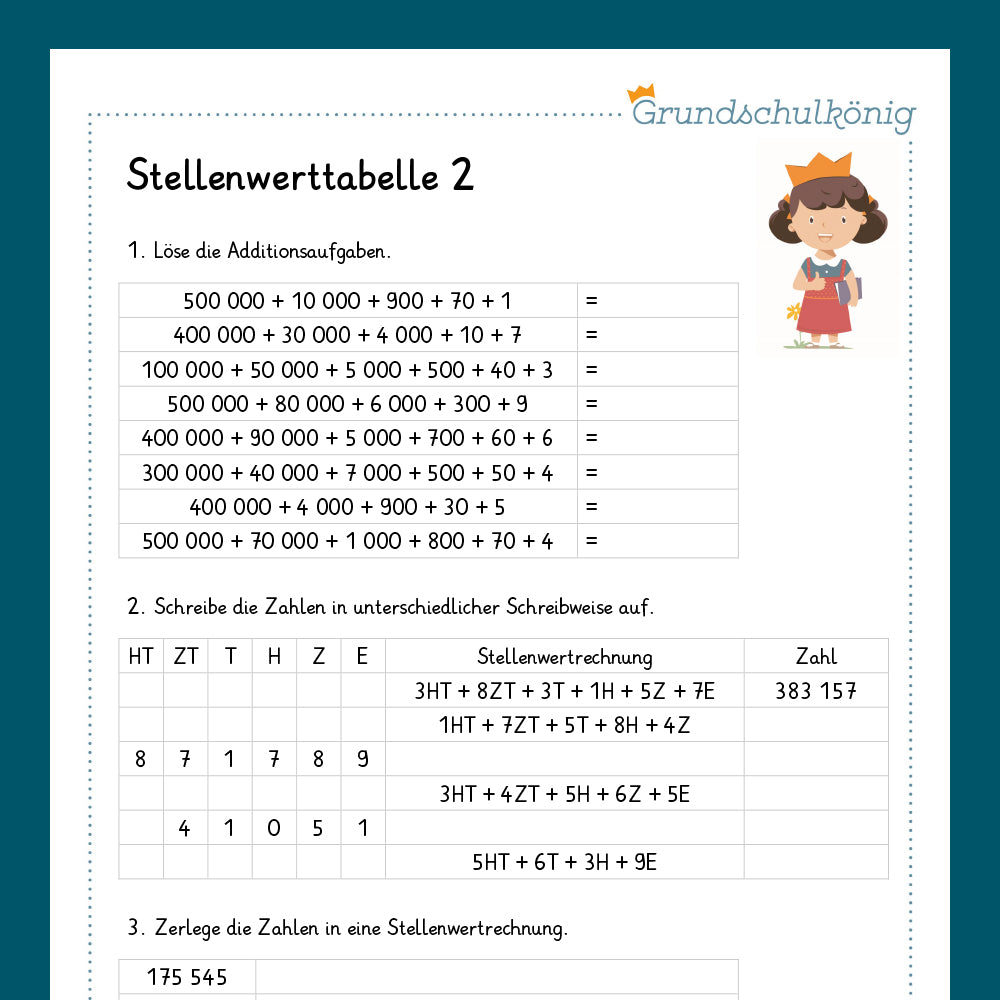 Königspaket: Stellenwerttabelle und Zahlenstrahl im Zahlenraum 1 000 000 (Mathe, 4. Klasse) - inklusive Test