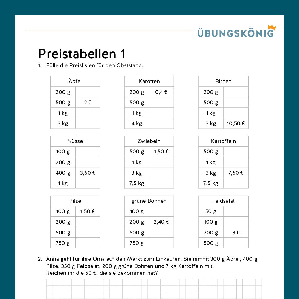 Königspaket: Preistabellen (Mathe, Mittelschule)