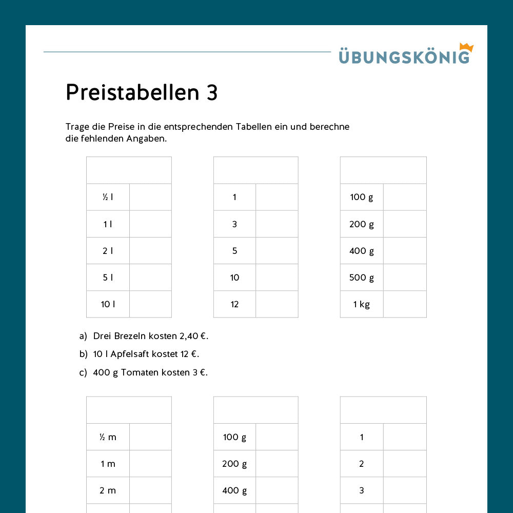 Königspaket: Preistabellen (Mathe, Mittelschule)