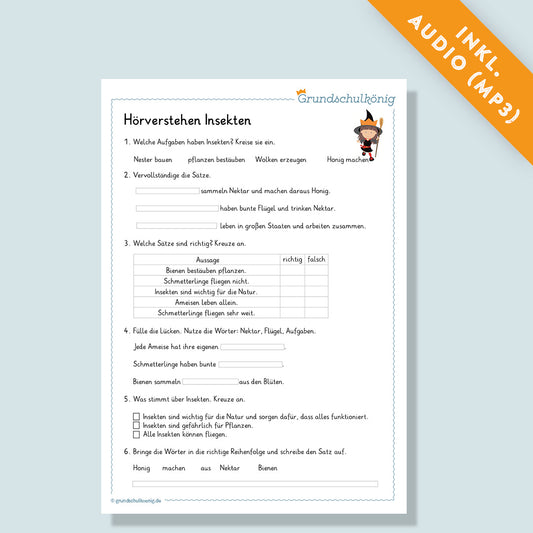 Hörverstehen "Insekten" inkl. Audio (Deutsch, 3. Klasse)