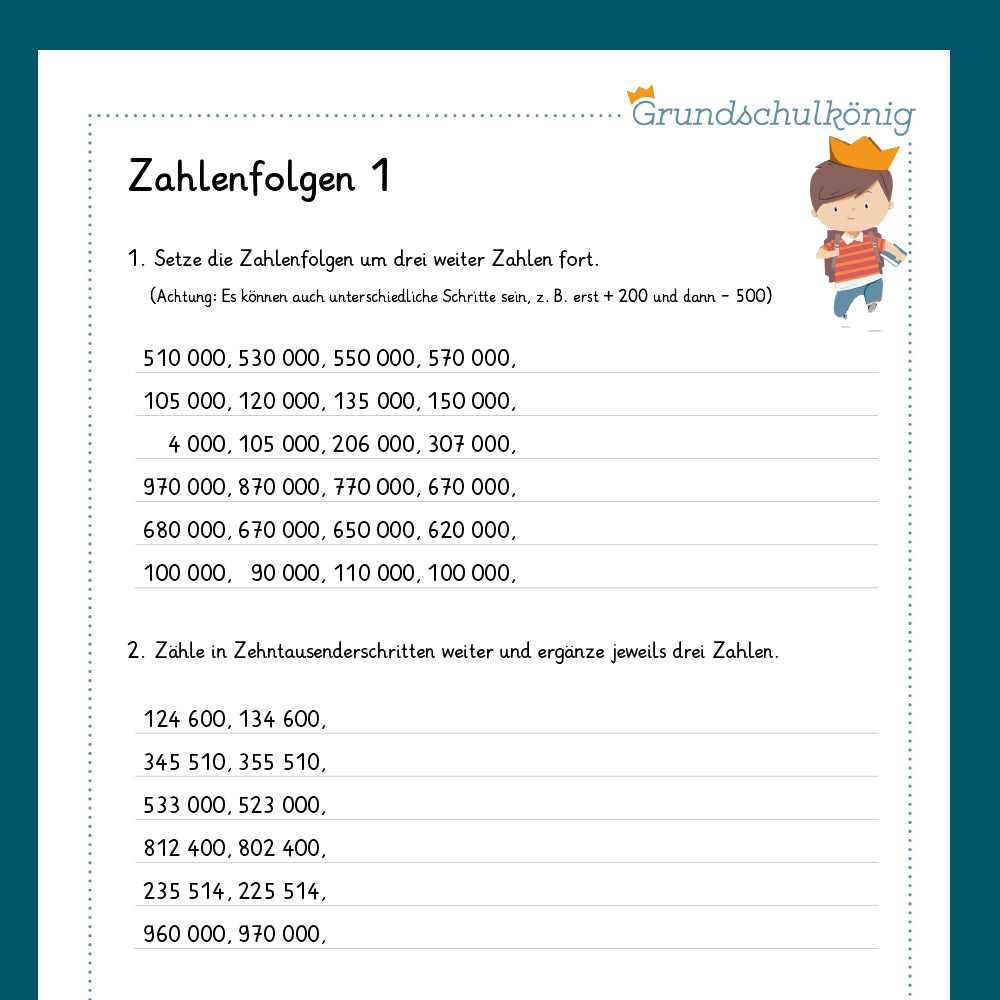 Königspaket: Zahlenfolgen im Zahlenraum 1 000 000 (Mathe, 4. Klasse) - inklusive Test