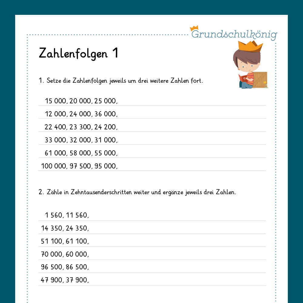 Königspaket: Zahlenfolgen im Zahlenraum 100 000 (Mathe, 4. Klasse) - inklusive Test