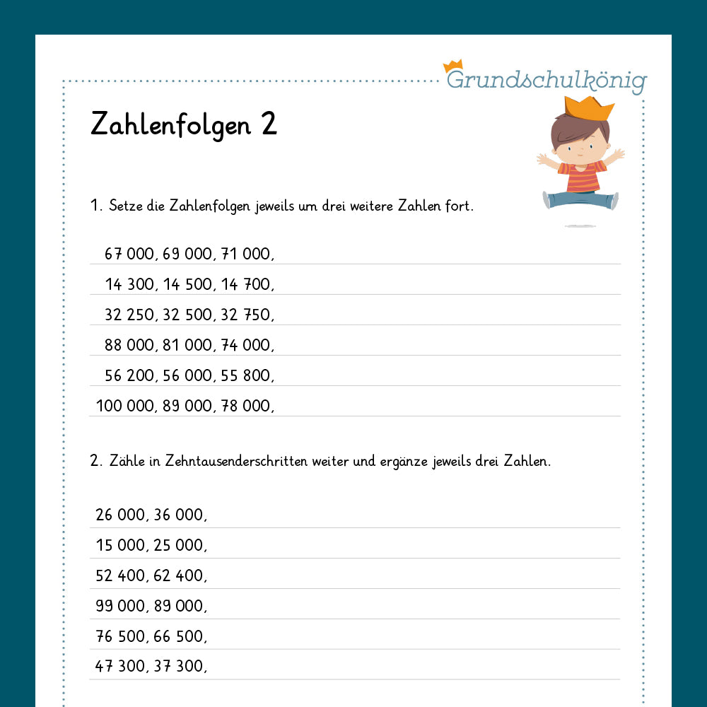 Königspaket: Zahlenfolgen im Zahlenraum 100 000 (Mathe, 4. Klasse) - inklusive Test