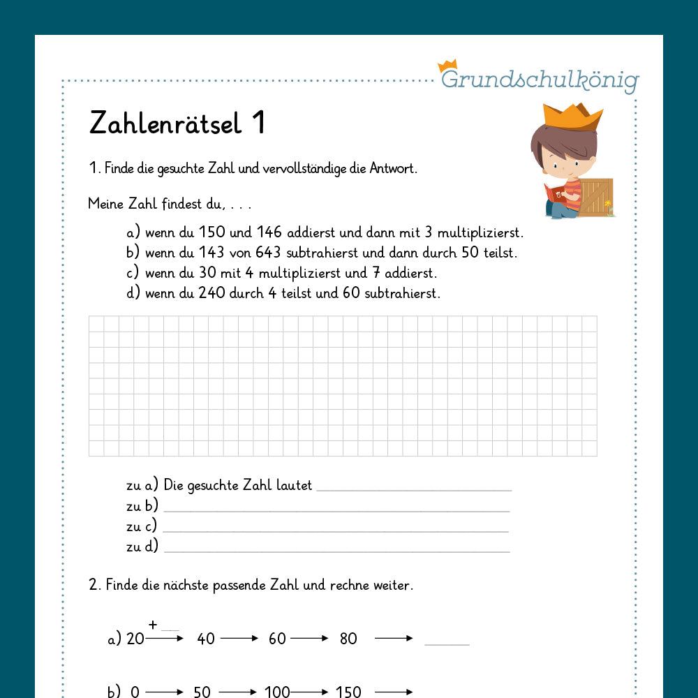 Königspaket: Zahlenrätsel / Gleichungen (Mathe, 3. Klasse) - inklusive Test
