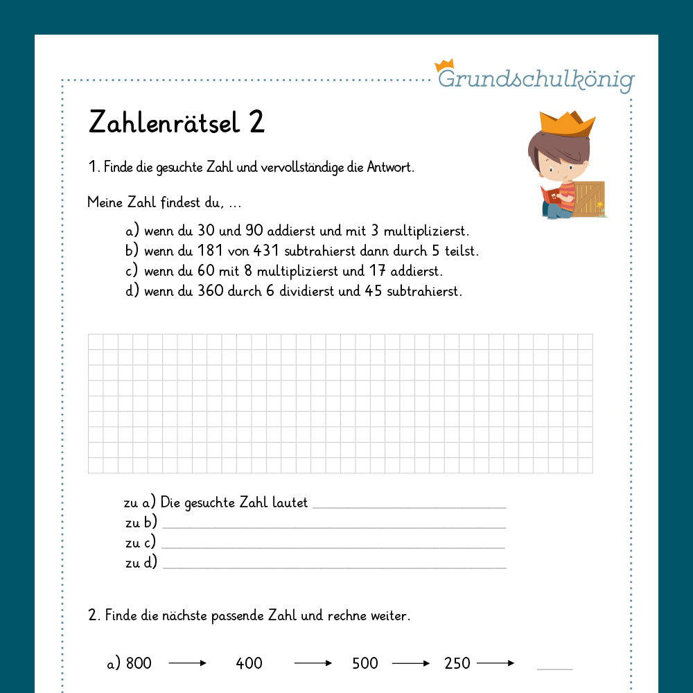 Königspaket: Zahlenrätsel / Gleichungen (Mathe, 3. Klasse) - inklusive Test