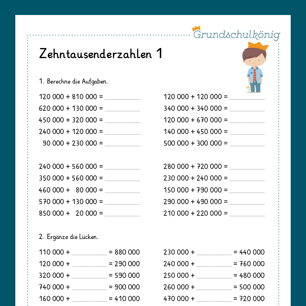 Königspaket: Rechnen mit Zehntausenderzahlen im Zahlenraum 1 000 000 (Mathe, 4. Klasse) - inklusive Test
