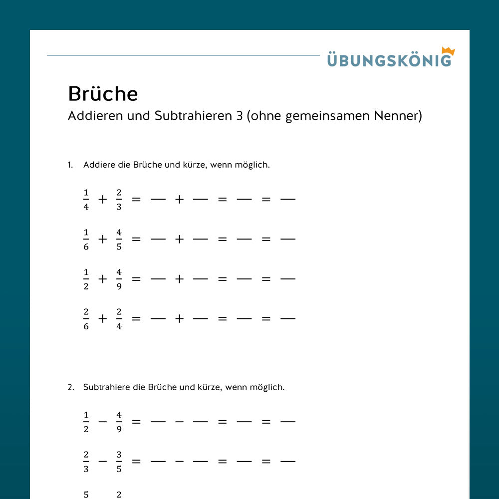 Königspaket: Brüche - Addieren und Subtrahieren (Mathe, 6. Klasse)