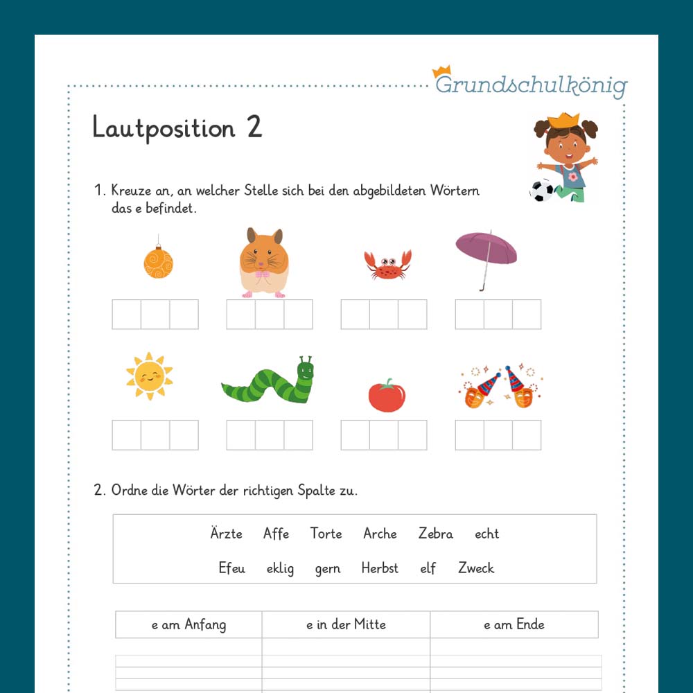 Königspaket: Rechtschreibung - Lautposition erkennen (Deutsch, 1. & 2. Klasse)