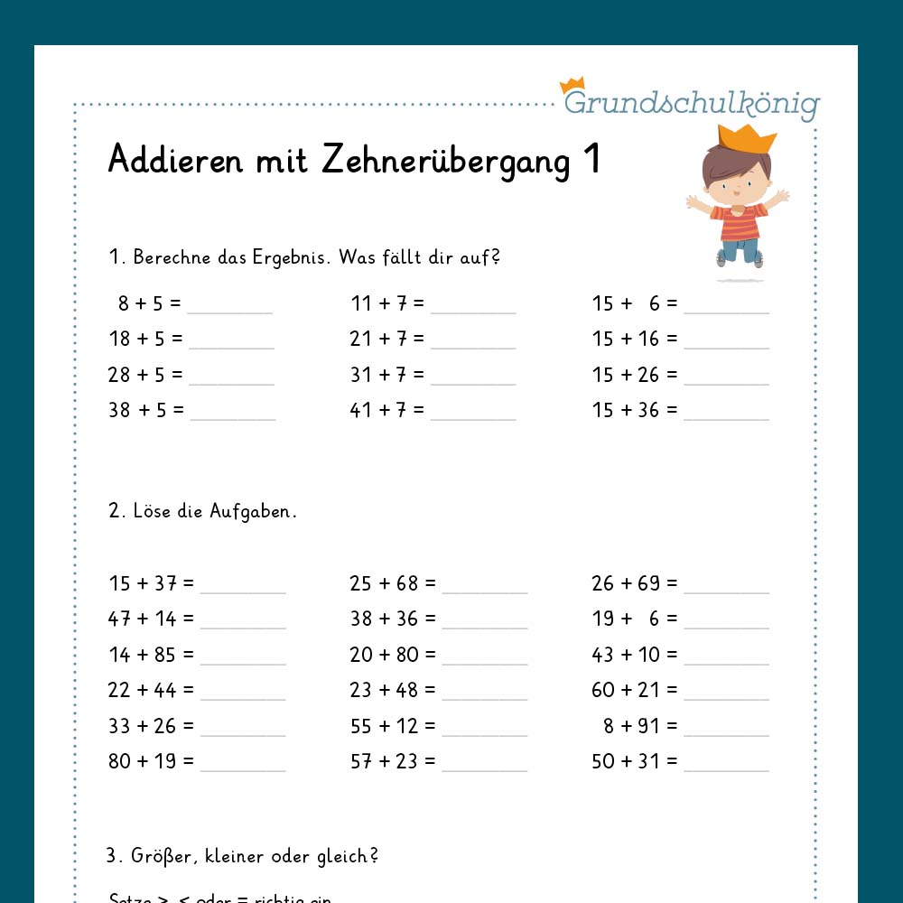 Königspaket: Addieren im ZR 100 - mit Zehnerüberschreitung (Mathe, 2. Klasse) - inklusive Test