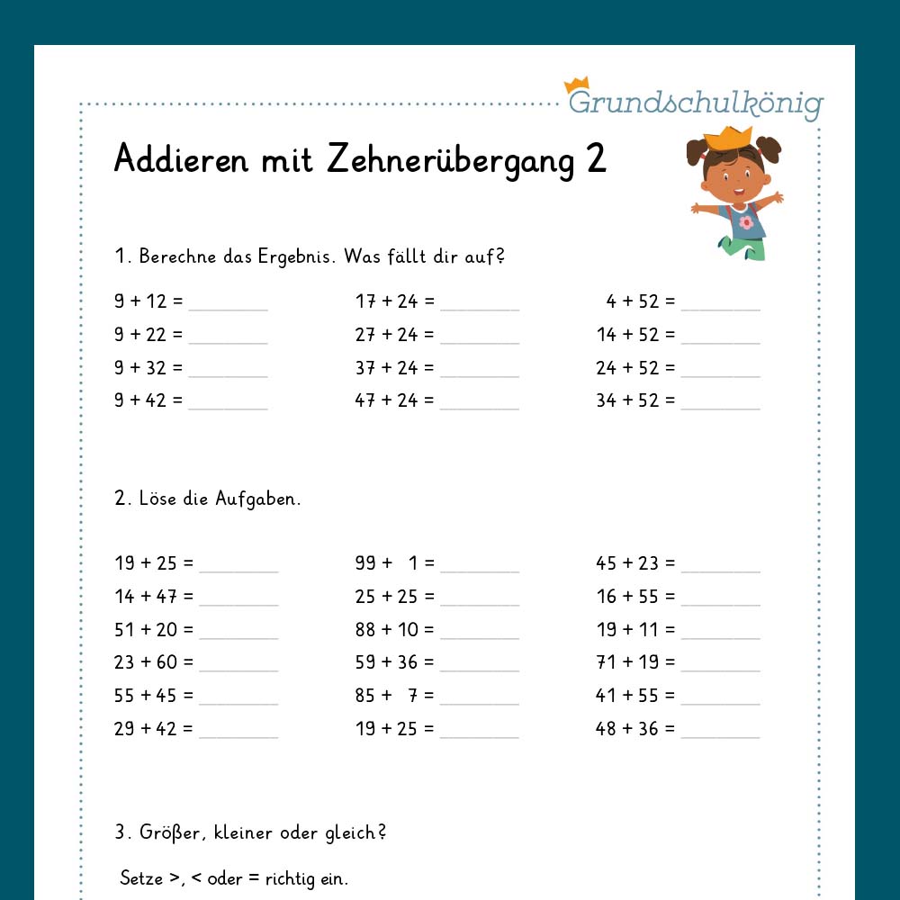 Königspaket: Addieren im ZR 100 - mit Zehnerüberschreitung (Mathe, 2. Klasse) - inklusive Test