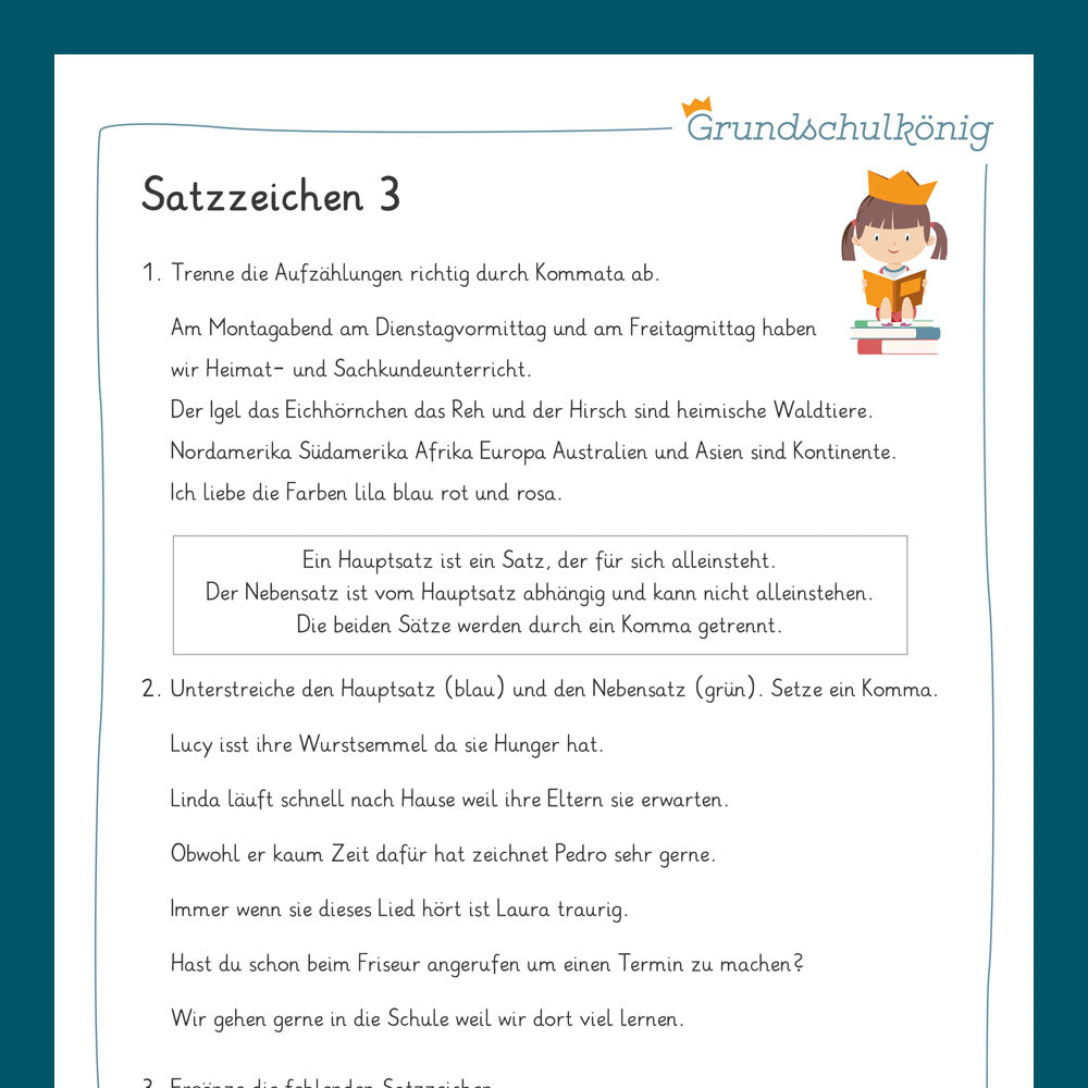 Königspaket: Satzarten, Satzzeichen, wörtl. Rede (Deutsch, 3. Klasse) - inklusive Test!