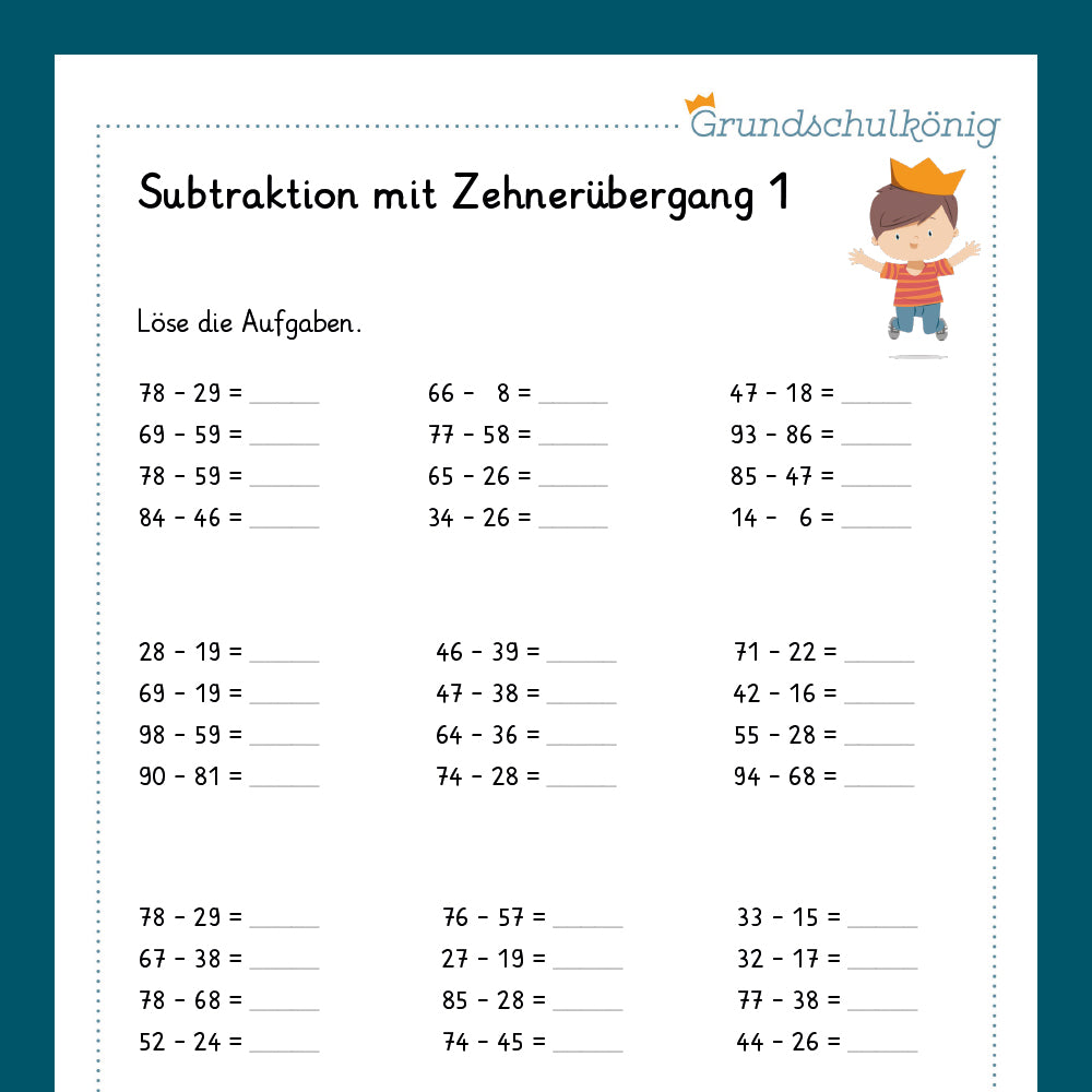 Königspaket: Subtrahieren im ZR 100 - mit Zehnerüberschreitung (Mathe, 2. Klasse) - inklusive Test