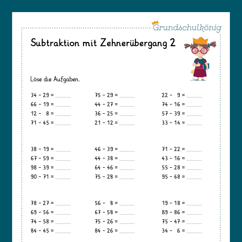 Königspaket: Subtrahieren im ZR 100 - mit Zehnerüberschreitung (Mathe, 2. Klasse) - inklusive Test