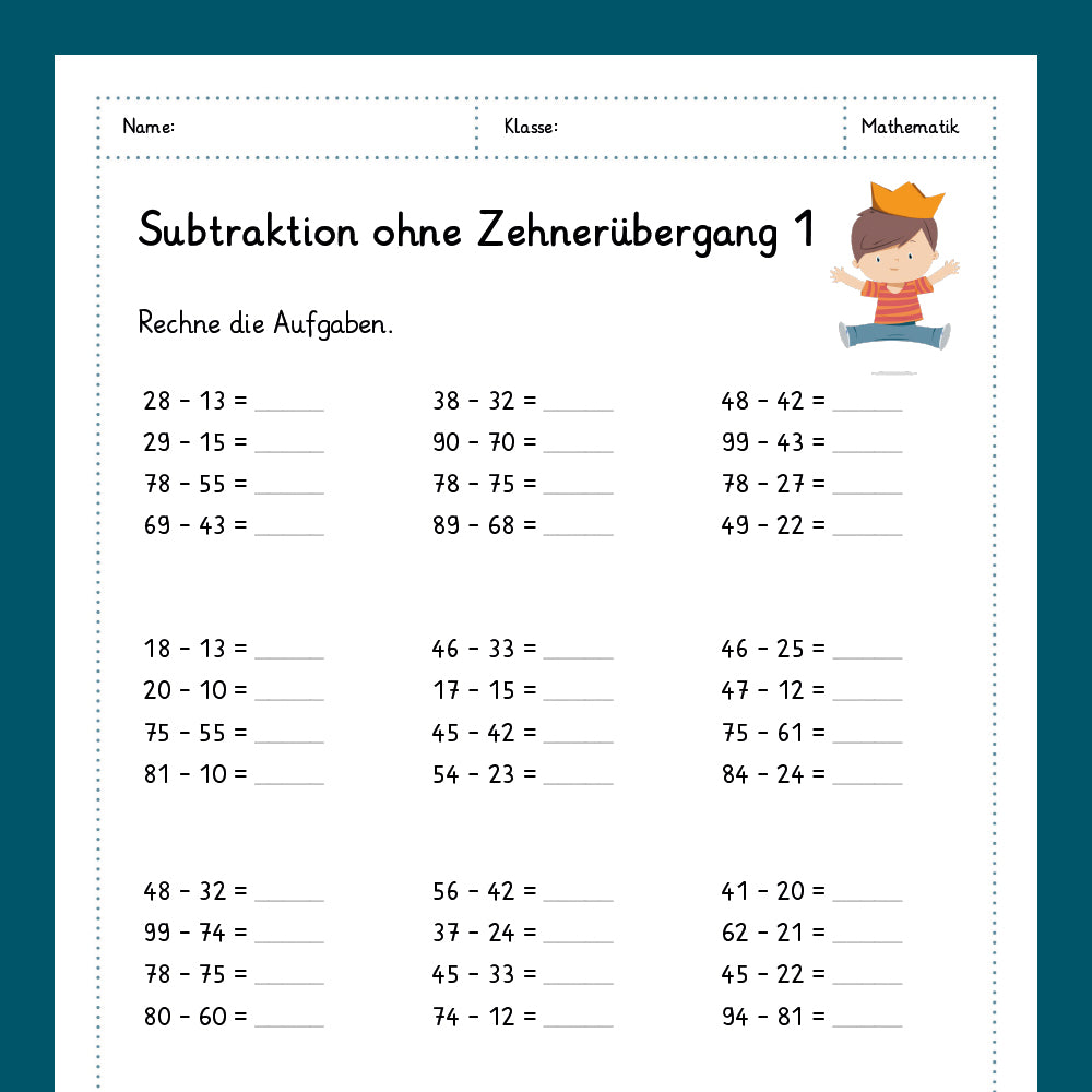 Königspaket: Subtrahieren im ZR 100 - ohne Zehnerüberschreitung (Mathe, 2. Klasse)