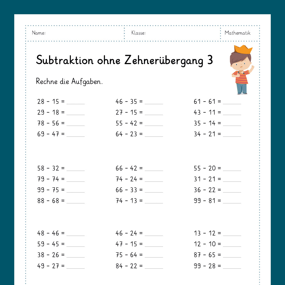 Königspaket: Subtrahieren im ZR 100 - ohne Zehnerüberschreitung (Mathe, 2. Klasse)