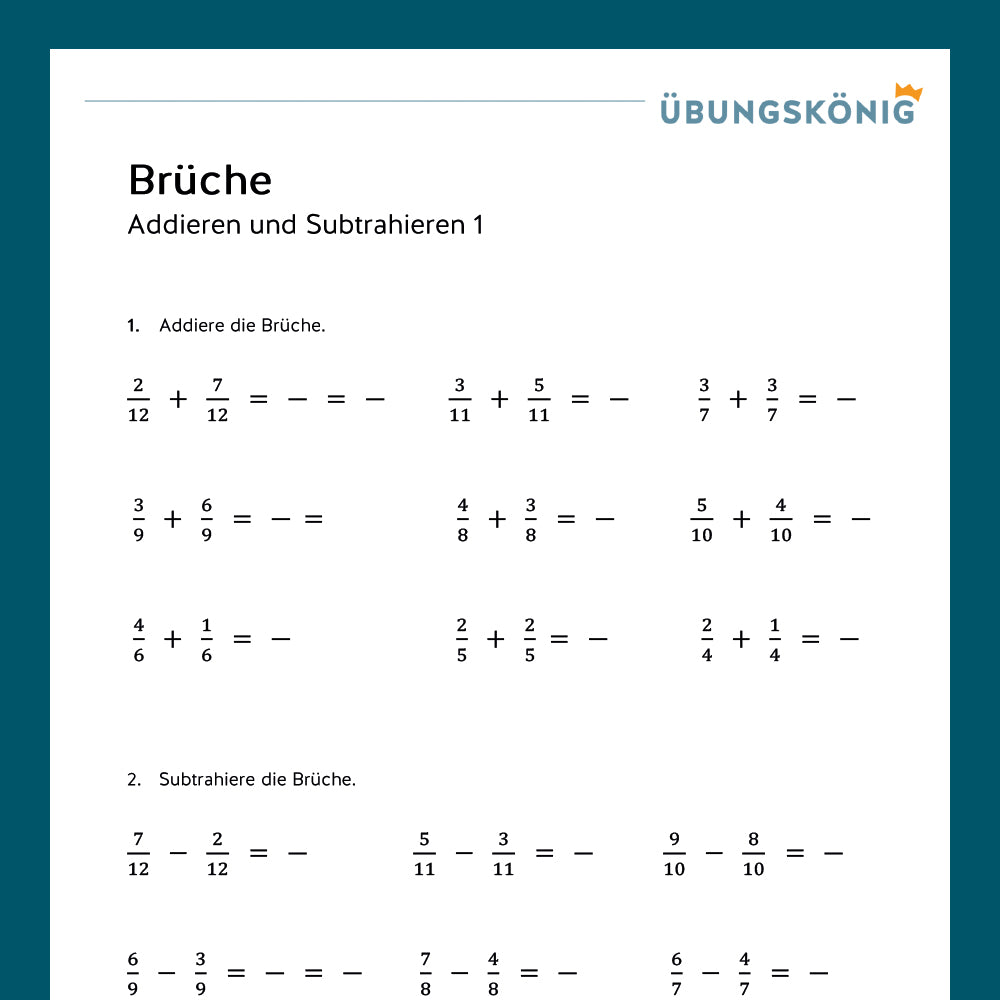 Königspaket: Brüche - Addieren und Subtrahieren (Mathe, 6. Klasse)