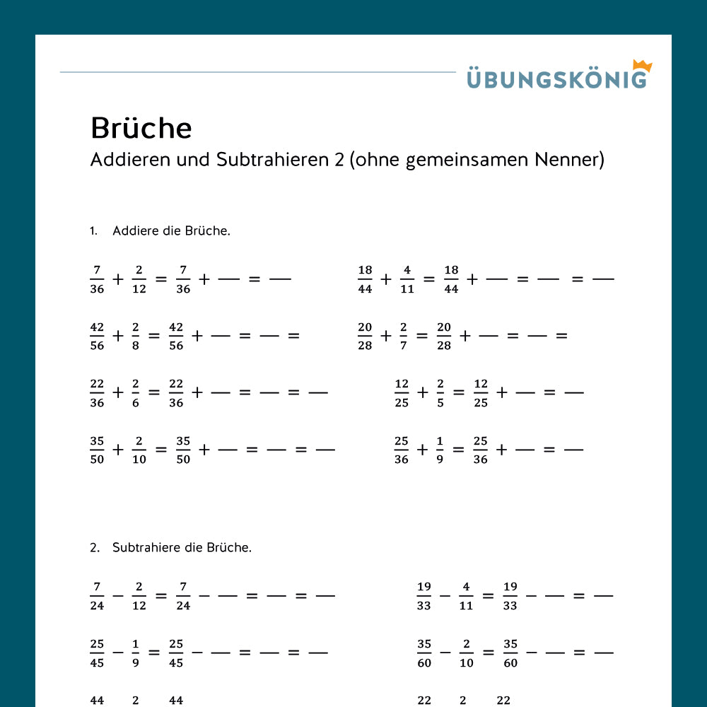 Königspaket: Brüche - Addieren und Subtrahieren (Mathe, 6. Klasse)