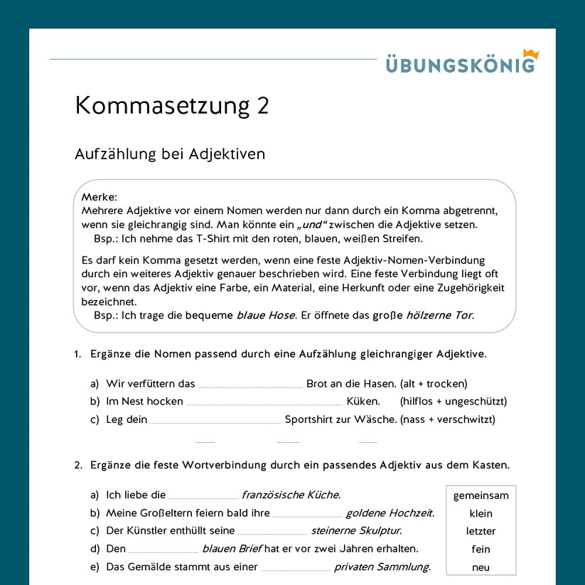 übungen Zur Kommasetzung Mit Lösungen Königspaket: Kommasetzung (Deutsch, 5. & 6. Klasse) - inklusive Test