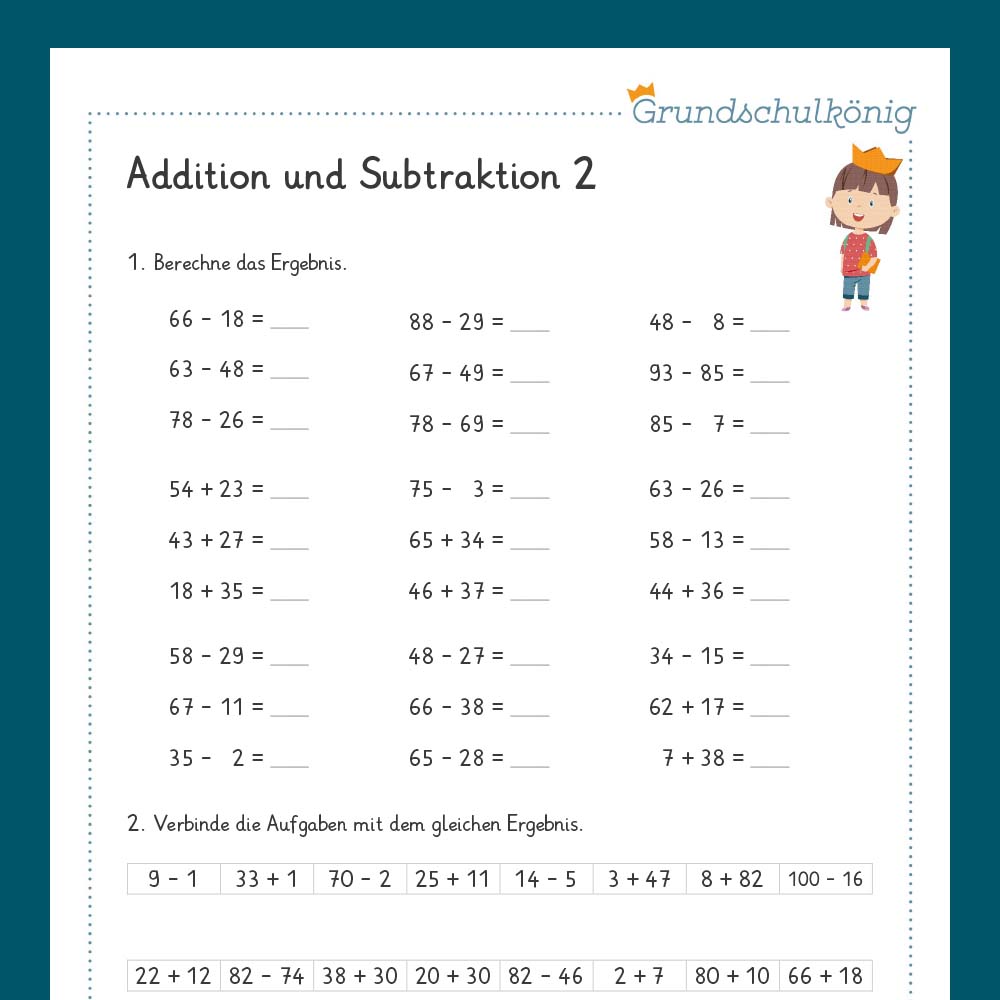 Königspaket: Addition & Subtraktion im Zahlenraum 100 (Mathe, 2. Klasse)