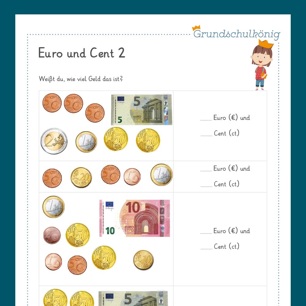 Königspaket: Euro und Cent (Mathe, 2. Klasse) - inklusive Test