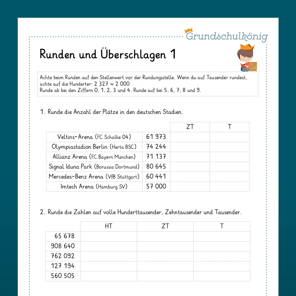 Königspaket: Runden und Überschlag - gemischte Aufgaben (Mathe, 4. Klasse)