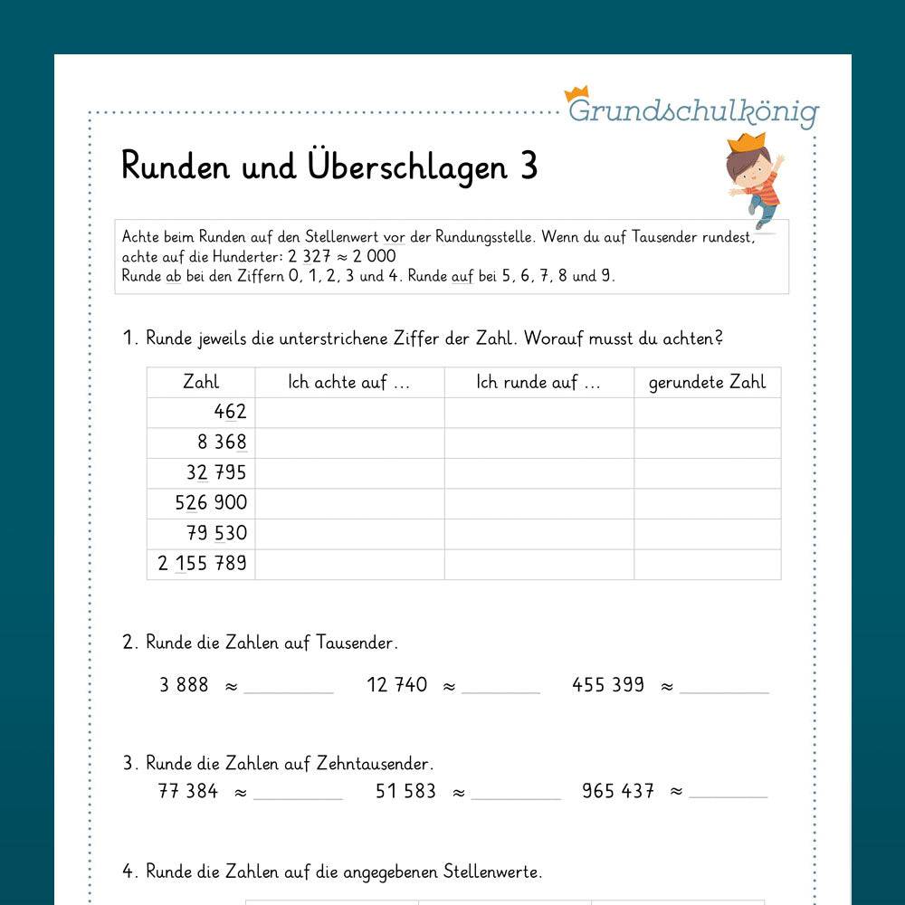 Königspaket: Runden und Überschlag - gemischte Aufgaben (Mathe, 4. Klasse)