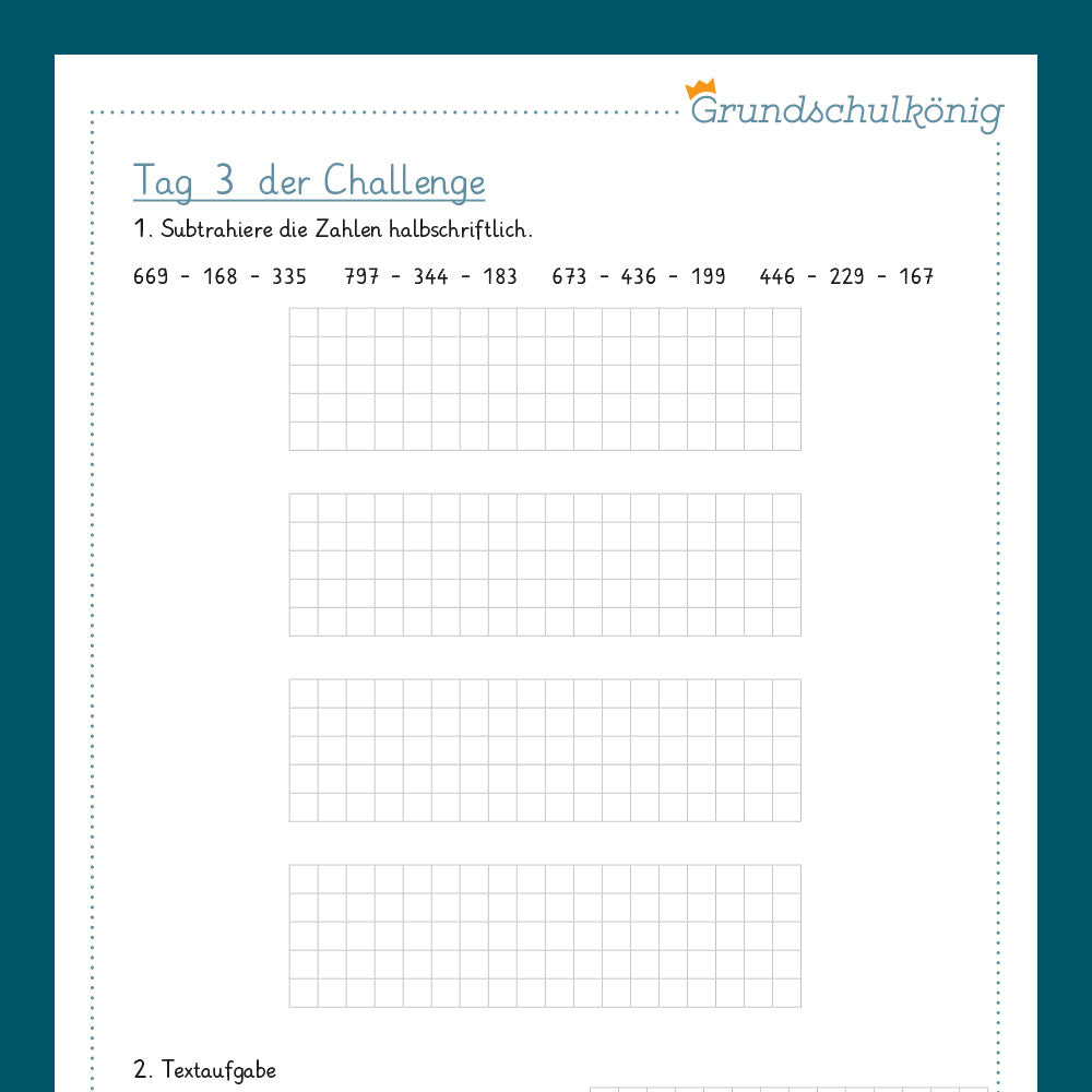 7-Tage-Challenge zum halbschriftlichen Verfahren der Subtraktion, 3. Klasse
