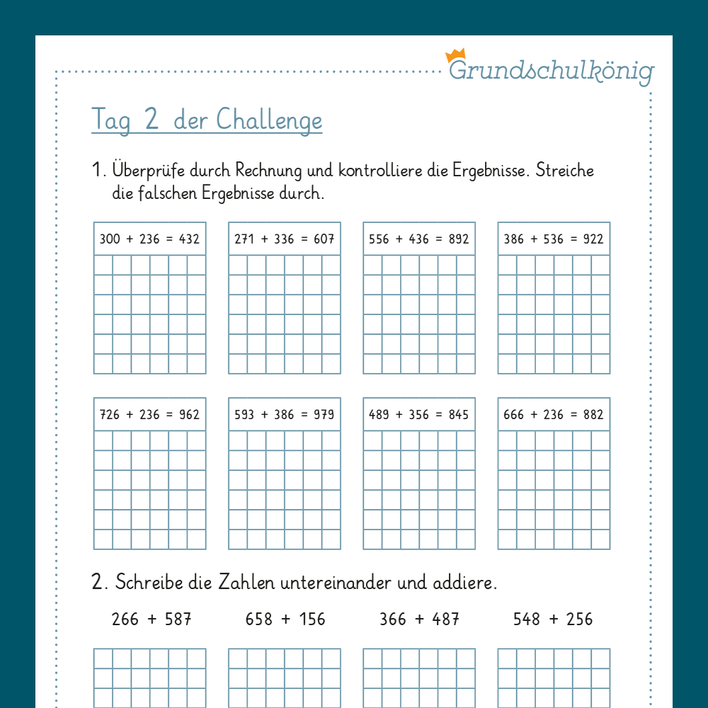 7-Tage-Challenge zum schriftlichen Verfahren der Addition, 3./ 4.Klasse