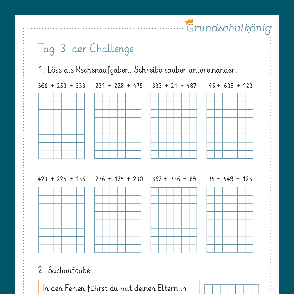 7-Tage-Challenge zum schriftlichen Verfahren der Addition, 3./ 4.Klasse