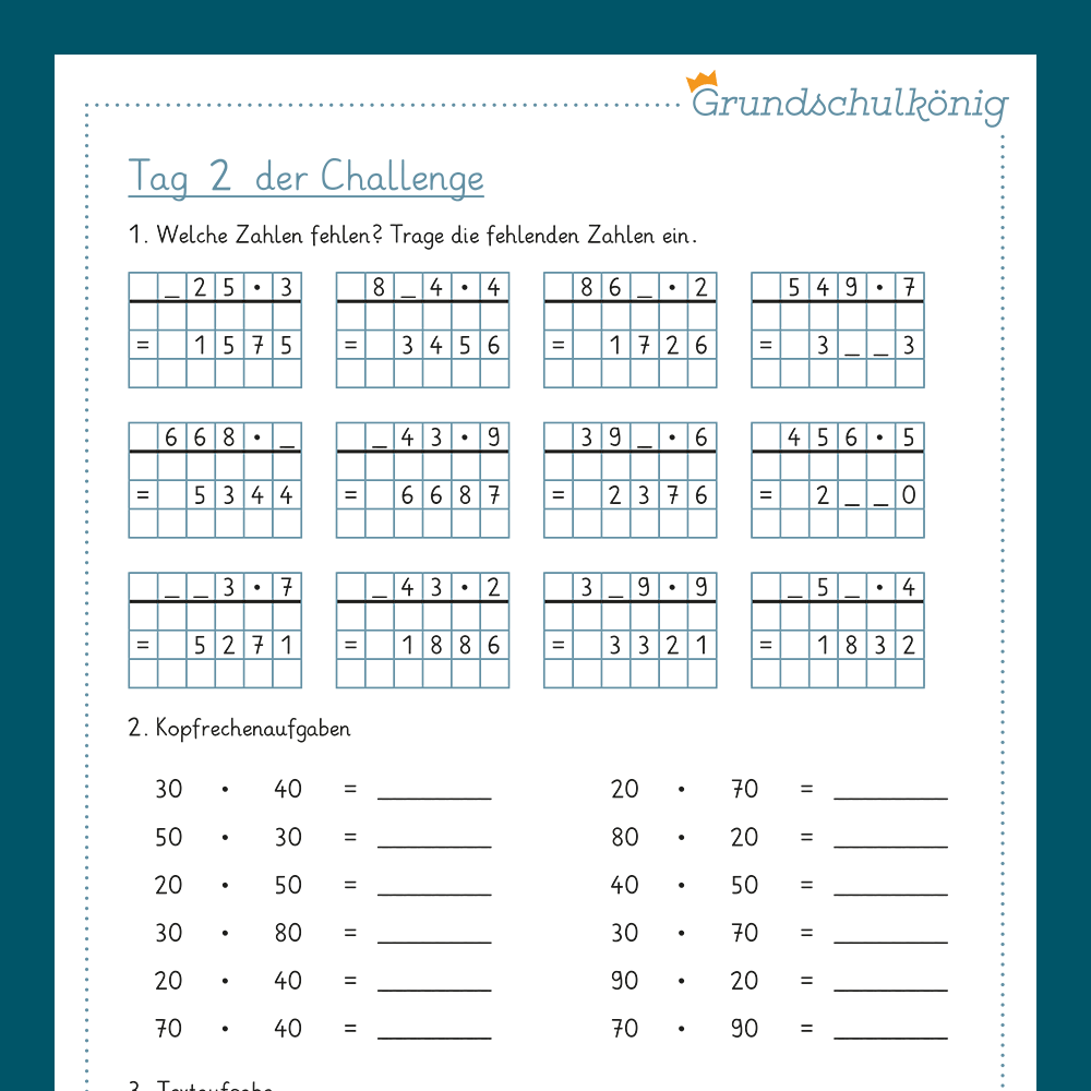 7-Tage-Challenge zum schriftlichen Verfahren der Multiplikation, 4. Klasse
