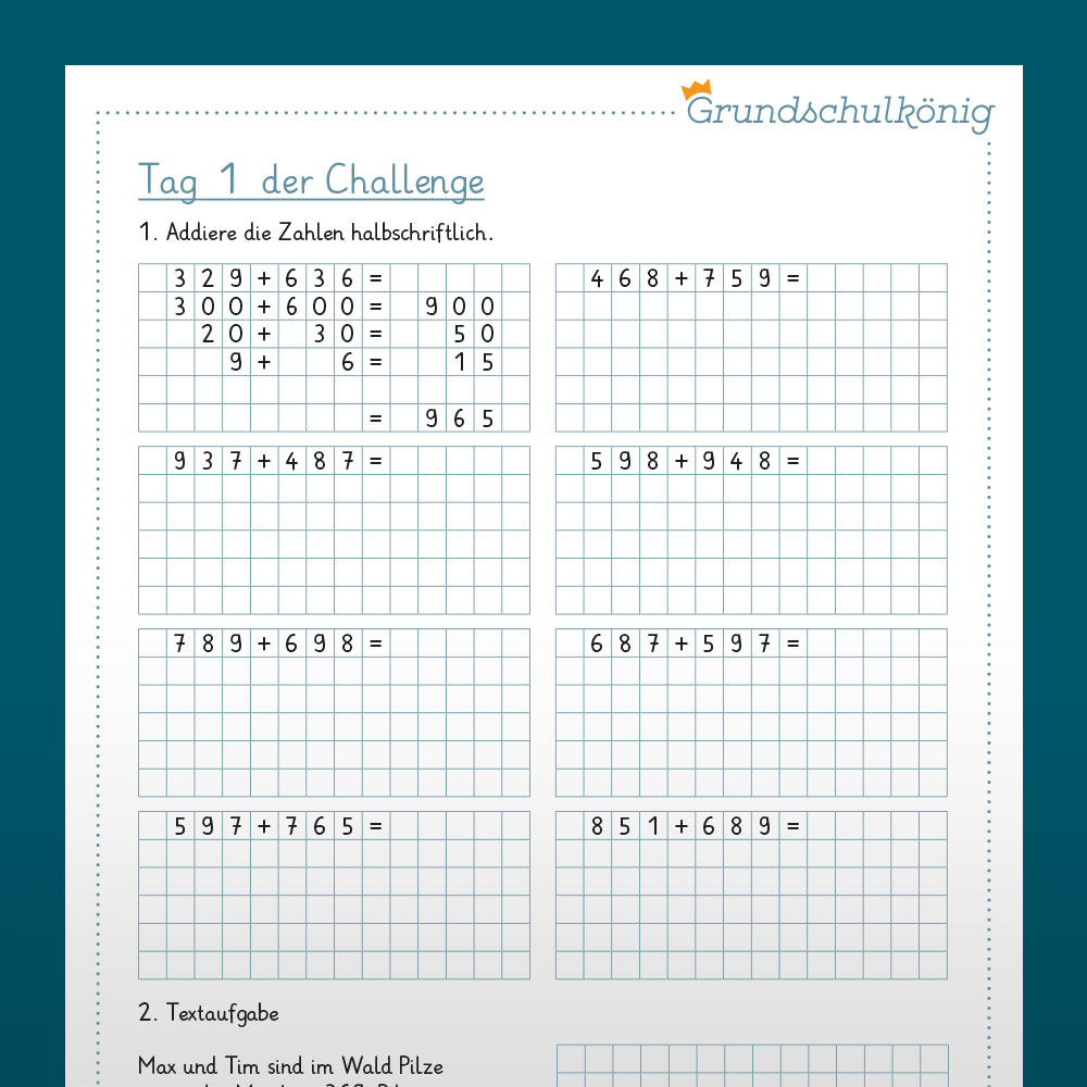 7-Tage-Challenge zum halbschriftlichen Verfahren der Addition, 4. Klasse
