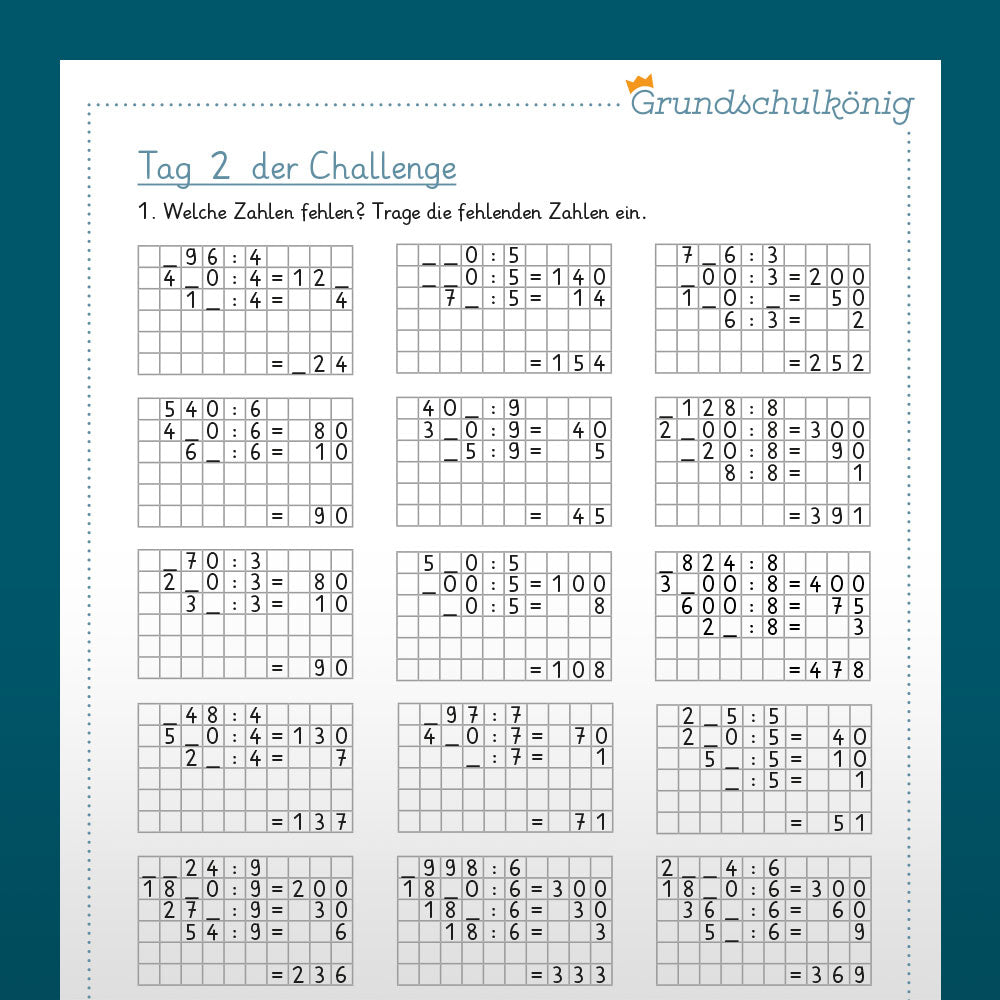 7-Tage-Challenge zum halbschriftlichen Verfahren der Division, 4. Klasse