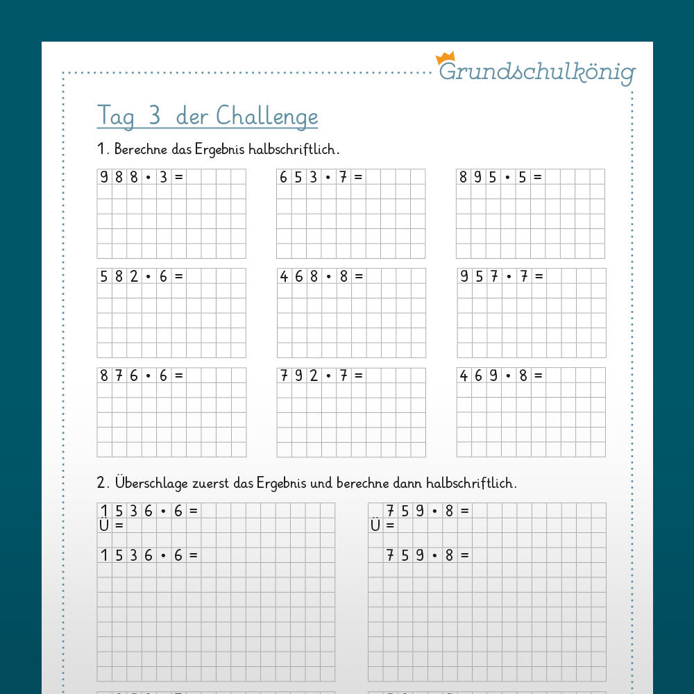 7-Tage-Challenge zum halbschriftlichen Verfahren der Multiplikation, 4. Klasse