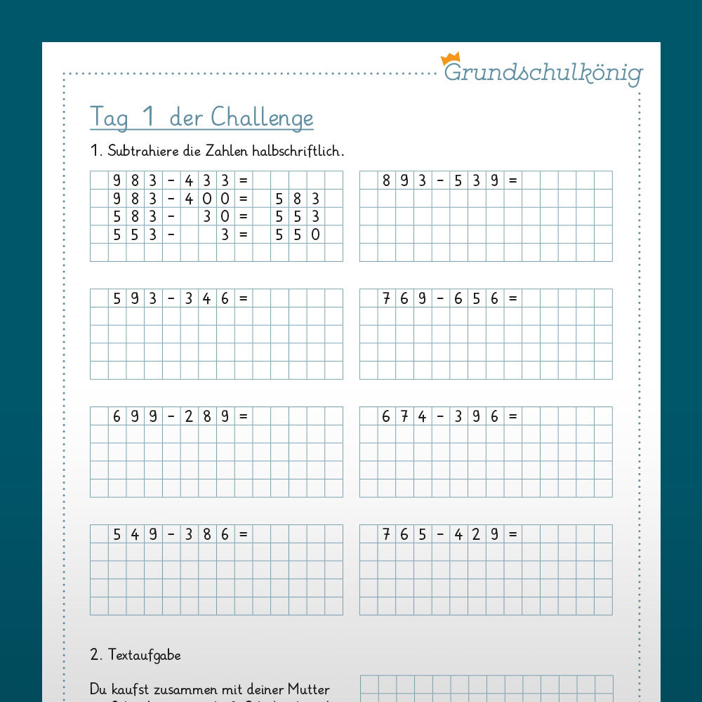 7-Tage-Challenge zum halbschriftlichen Verfahren der Subtraktion, 4. Klasse