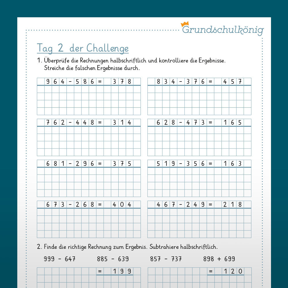 7-Tage-Challenge zum halbschriftlichen Verfahren der Subtraktion, 4. Klasse