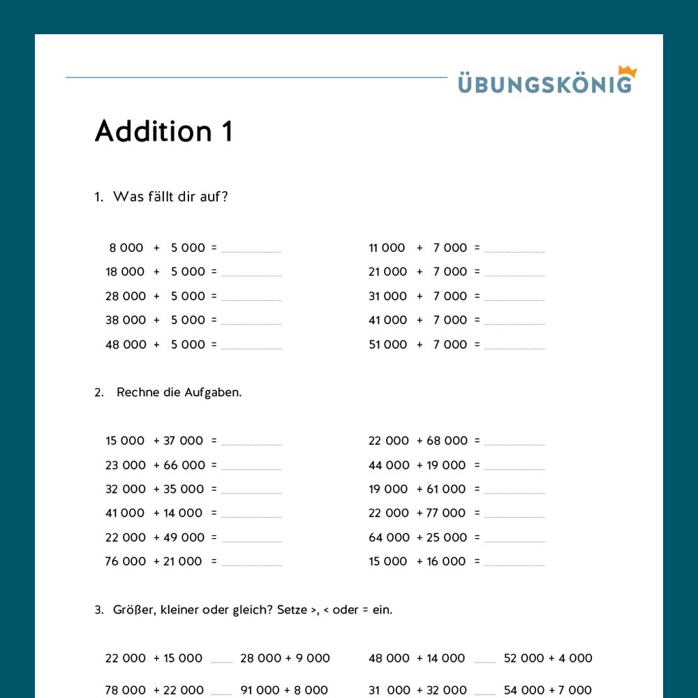 Königspaket: Addieren im Zahlenraum 100 000 (Mathe, Mittelschule)