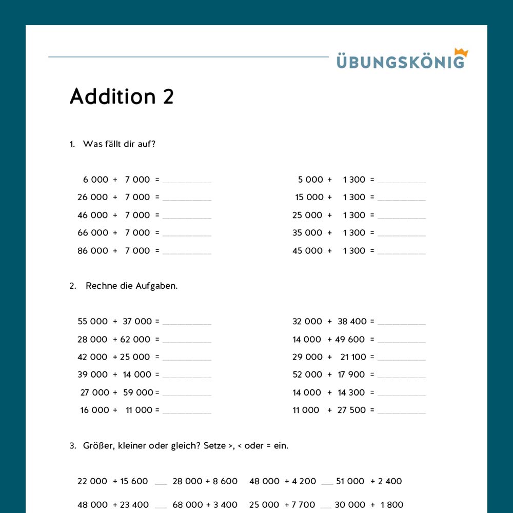 Königspaket: Addieren im Zahlenraum 100 000 (Mathe, Mittelschule)