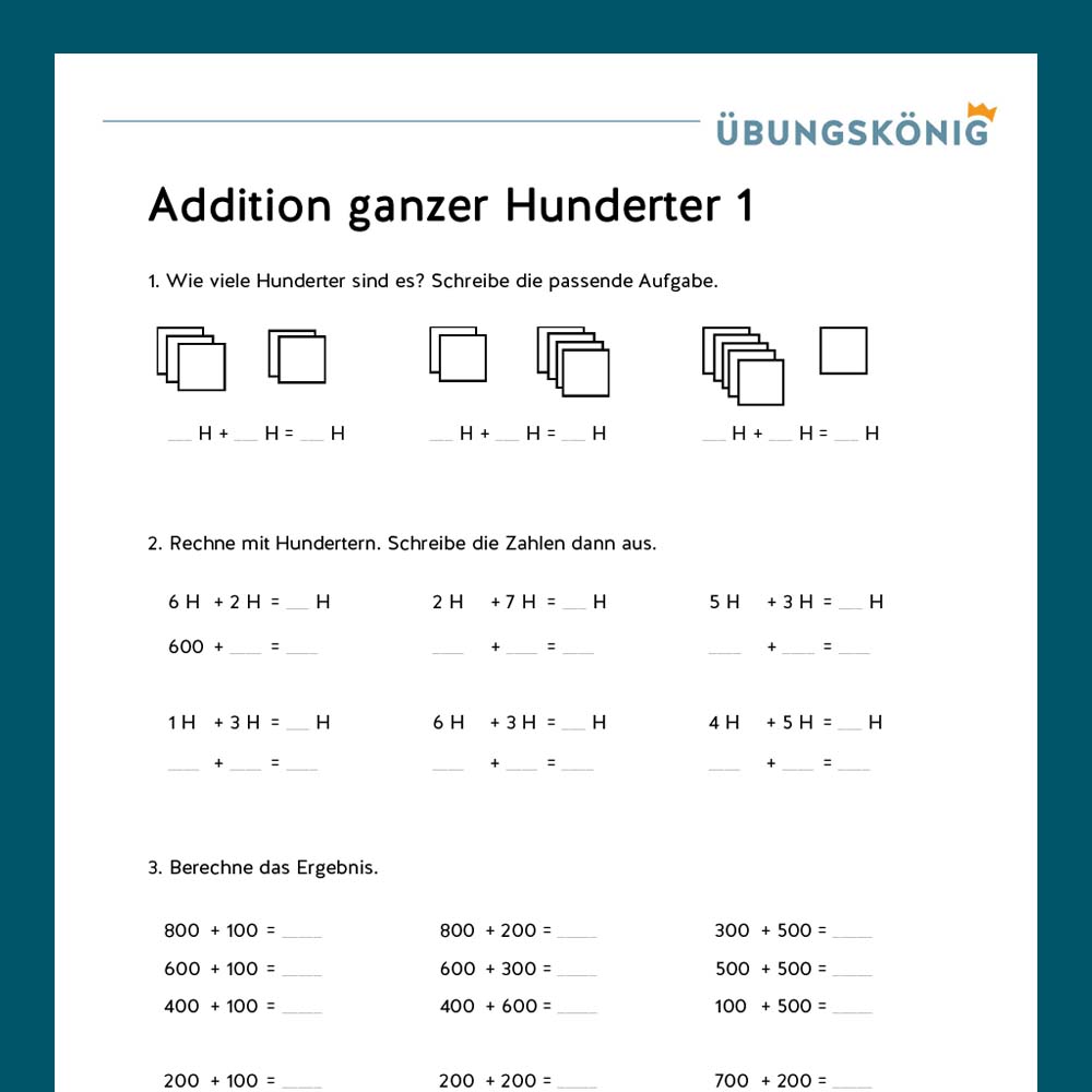 Königspaket: Addieren und Subrahieren mit Hunderterzahlen im ZR 1 000  (Mathe, Mittelschule)