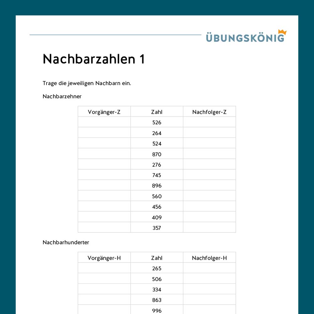 Königspaket: Nachbarzahlen im ZR 1 000  (Mathe, Mittelschule)