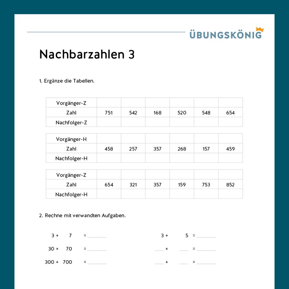 Königspaket: Nachbarzahlen im ZR 1 000  (Mathe, Mittelschule)