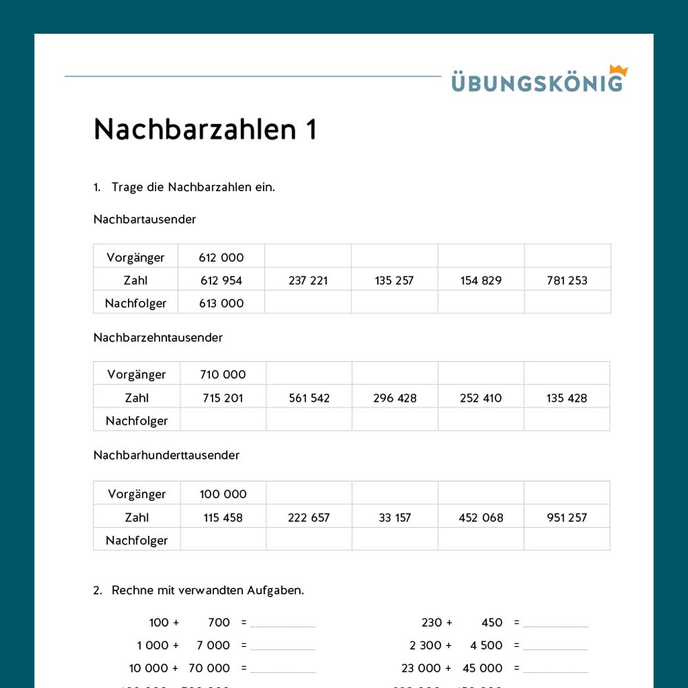 Königspaket: Nachbarzahlen ZR 1 000 000 (Mathe, Mittelschule)