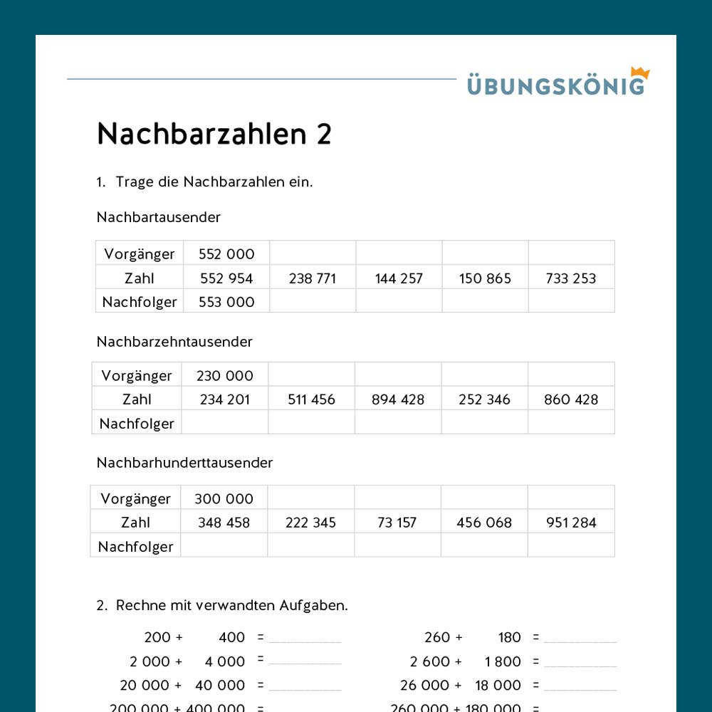 Königspaket: Nachbarzahlen ZR 1 000 000 (Mathe, Mittelschule)