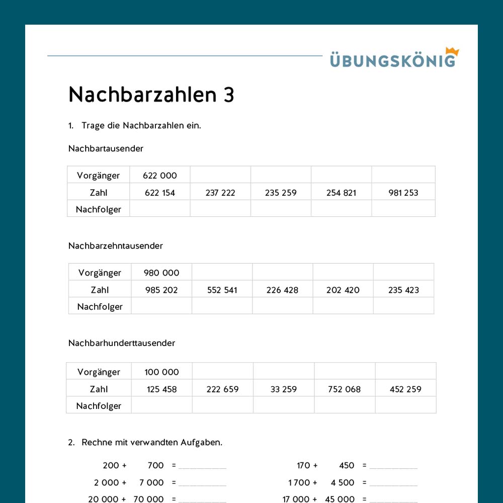 Königspaket: Nachbarzahlen ZR 1 000 000 (Mathe, Mittelschule)