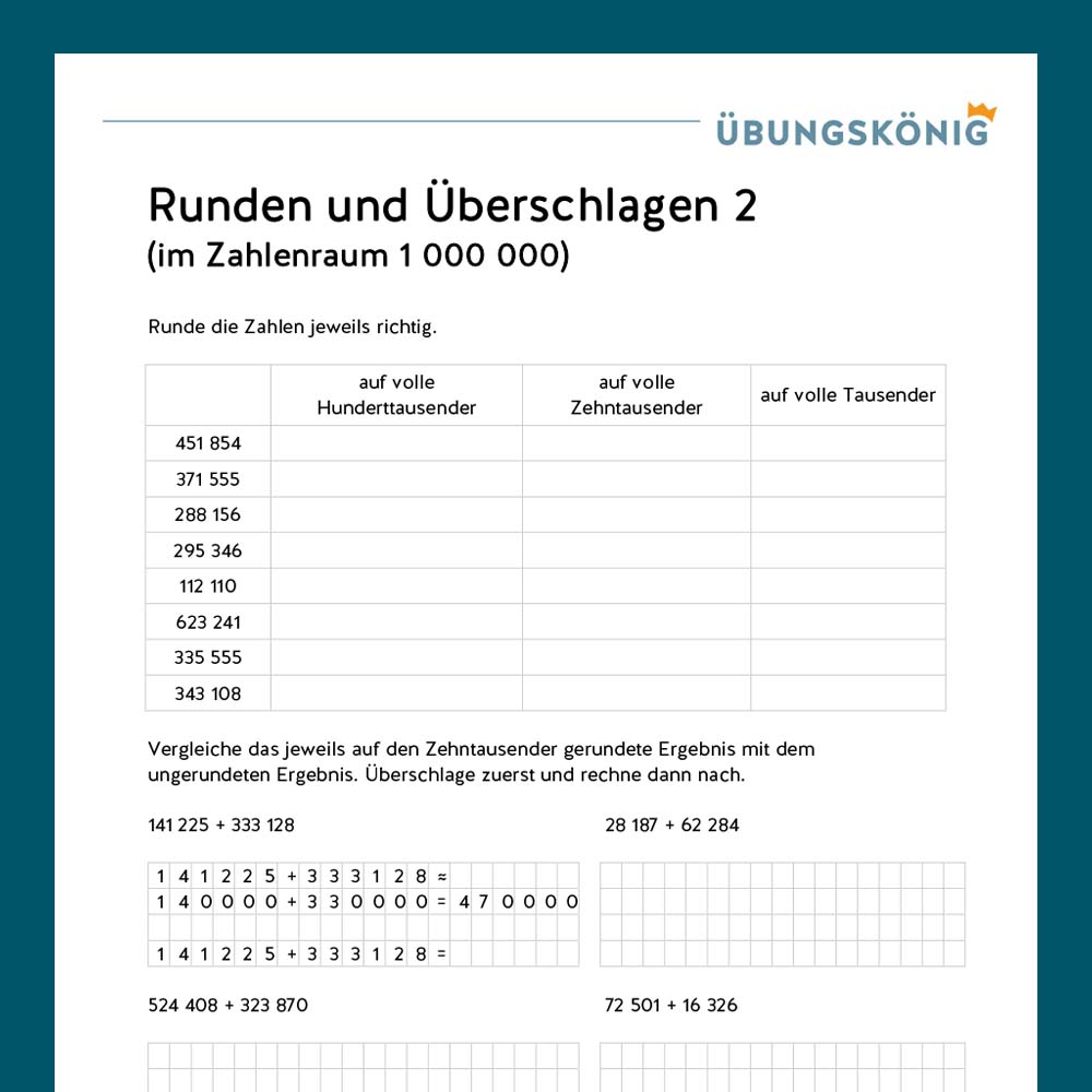 Königspaket: Runden und Überschlagen ZR 1 000 000 (Mathe, Mittelschule)