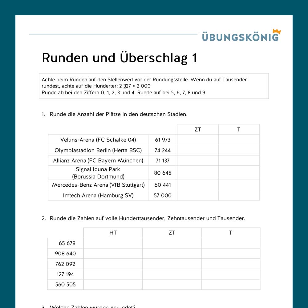 Königspaket: Runden und Überschlagen gemischte Aufgaben (Mathe, Mittelschule)