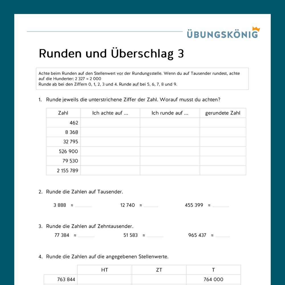 Königspaket: Runden und Überschlagen gemischte Aufgaben (Mathe, Mittel