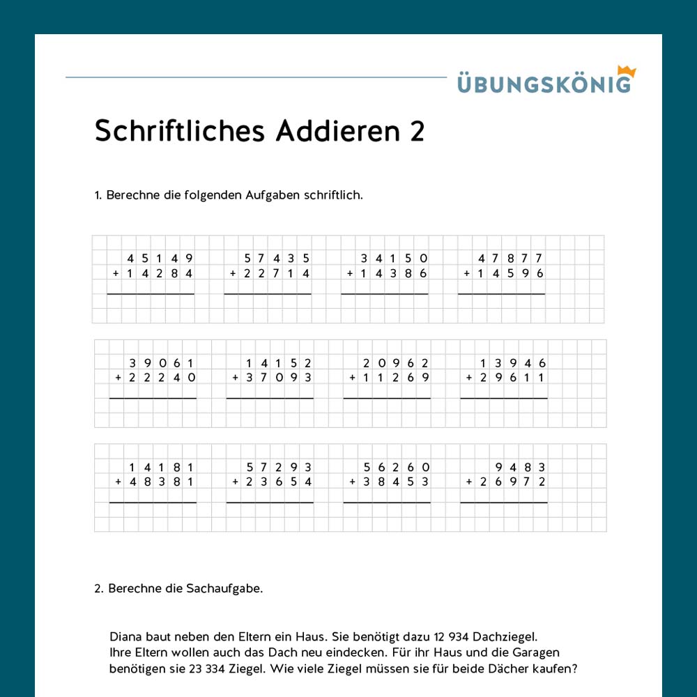 Königspaket: Schriftliches Addieren ZR 100 000 (Mathe, Mittelschule)