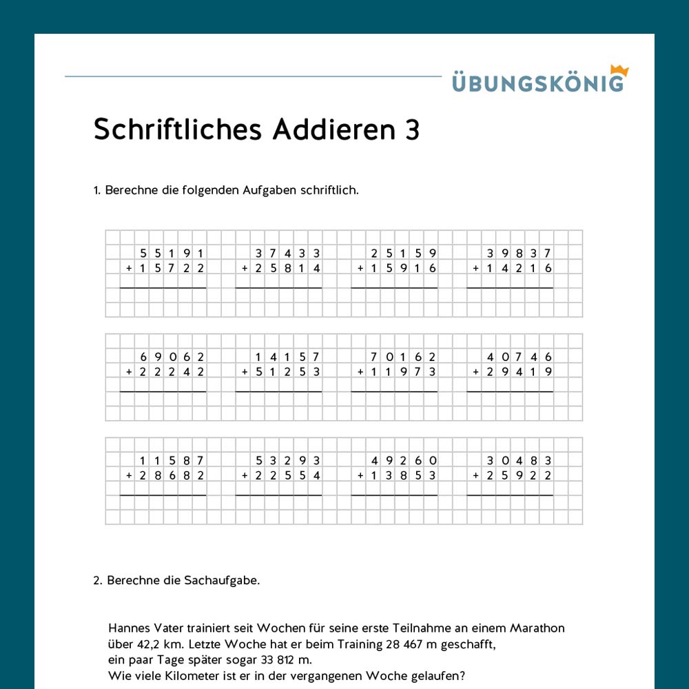 Königspaket: Schriftliches Addieren ZR 100 000 (Mathe, Mittelschule)